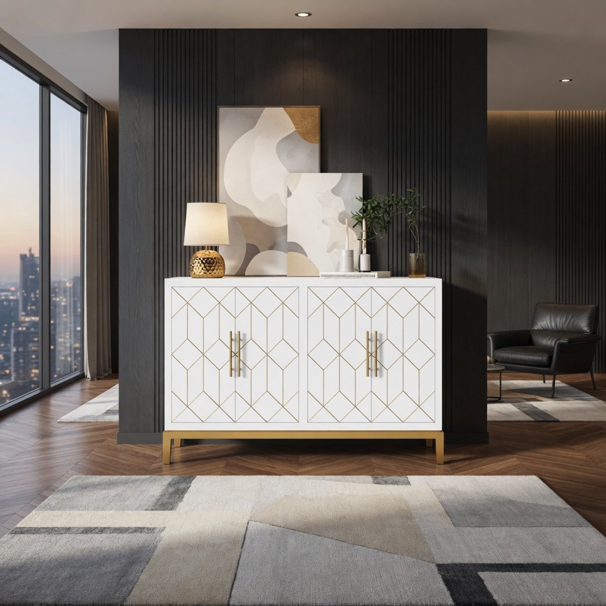 Luxe 4-Deurs Dressoir Kast 124 cm – Moderne Commode / Sideboard met Verstelbare Plank – Witte Opbergkast met Gouden Lijnen & Metalen Poten voor Woonkamer, Keuken of Hal – Mobili Bella