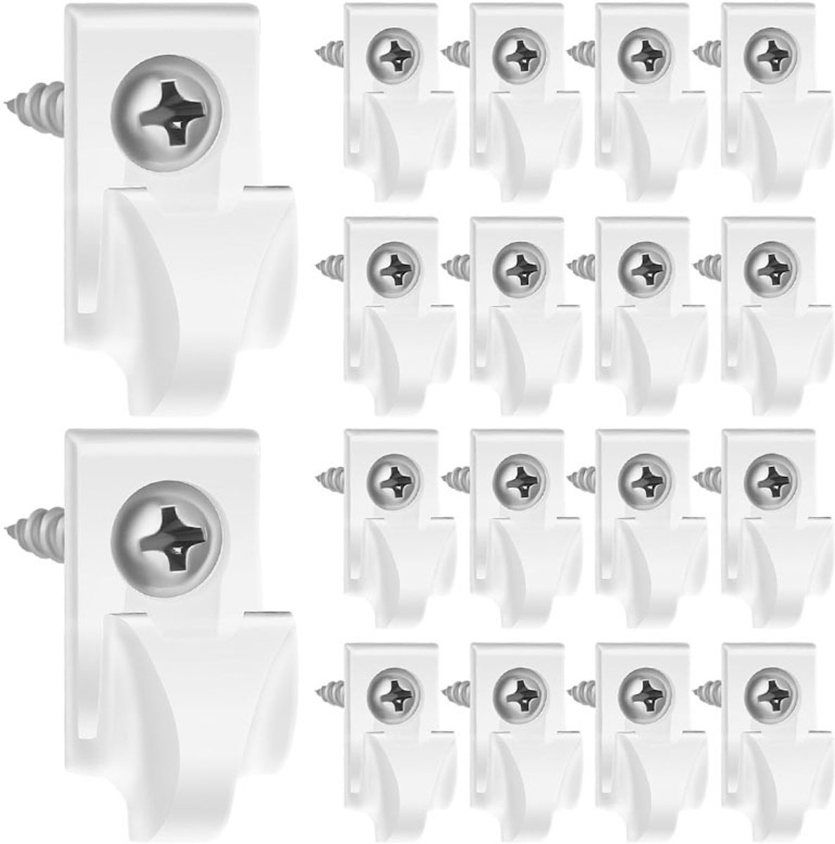 Set van 20 witte wandclips geschikt voor kledingkastplanken, inclusief clips en schroeven, geschikt voor draadplanken in kledingkasten.