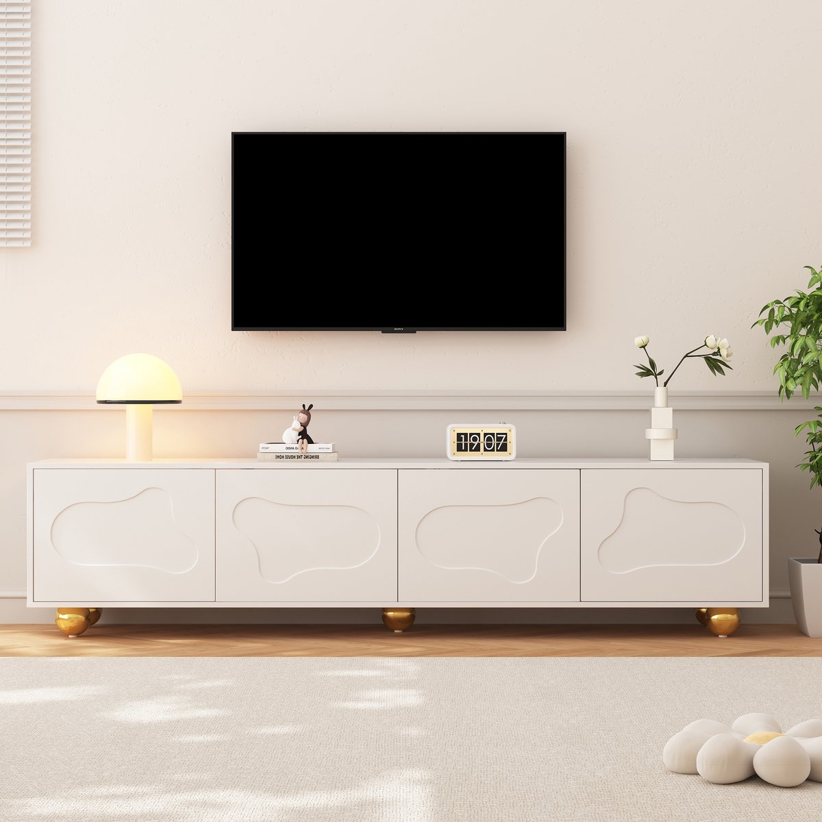 Zubaliya TV Meubel 180 cm voor 75 Inch TV - Wit Lowboard met 4 Deuren en Opbergruimte - Modern TV Kast met Wolkvormig Design en 5 Poten
