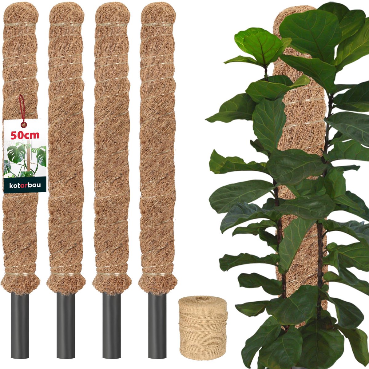 KOTARBAU® 4 st Kokosstok, Plantenstok, ⌀ 2,5 x 50 cm, Kokosstaaf, Klimhulp Monstera, Bruin, Kokosvezel, Klimhulp, Plantenstaaf, Kokosstok voor Monstera, Kokosstaaf voor Klimplanten