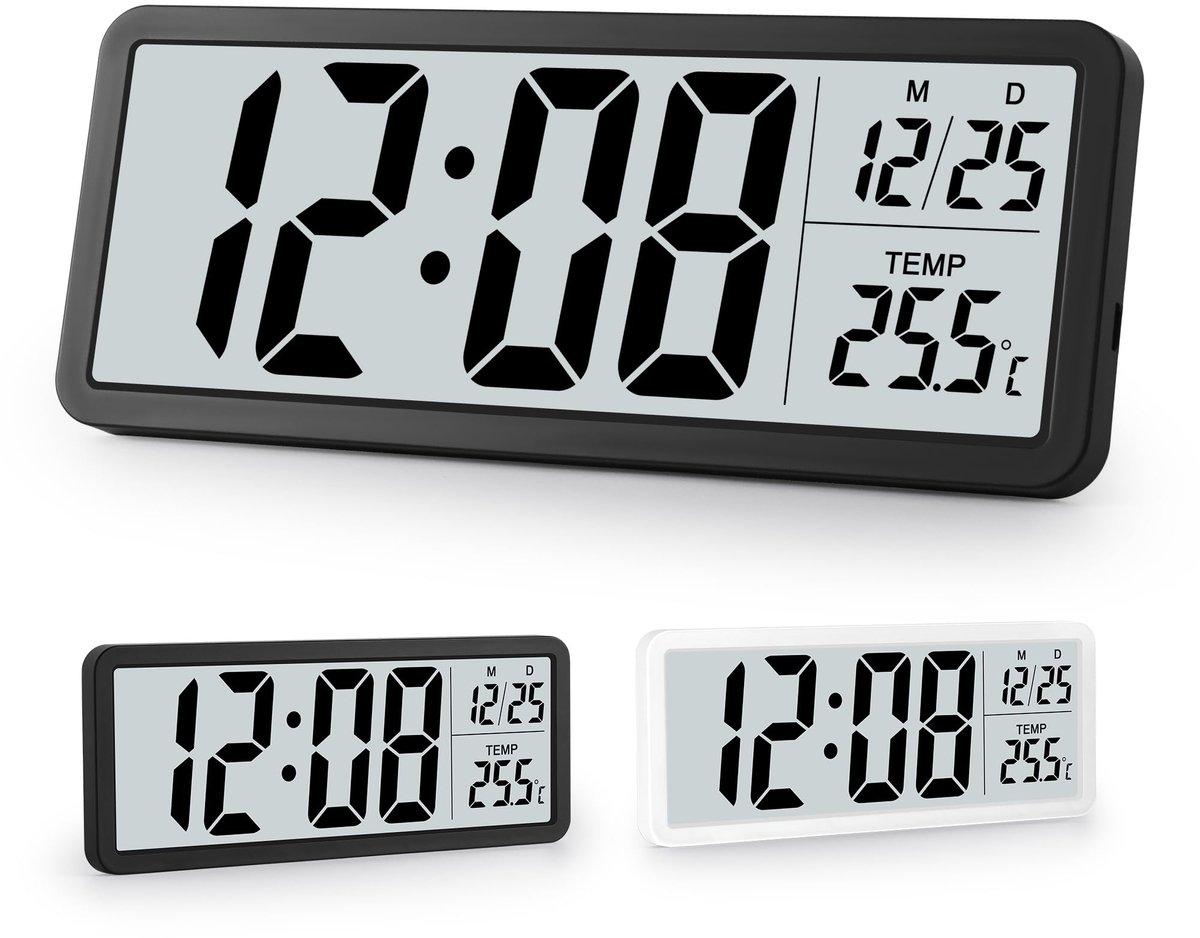 carmdering - Digitale wekker - Digitale klok - Digitale wandklok - groot display met datum en temperatuur - batterij of USB, wand of tafel - stil, geen getik - Zwart, ideaal voor slaapkamer en kantoor