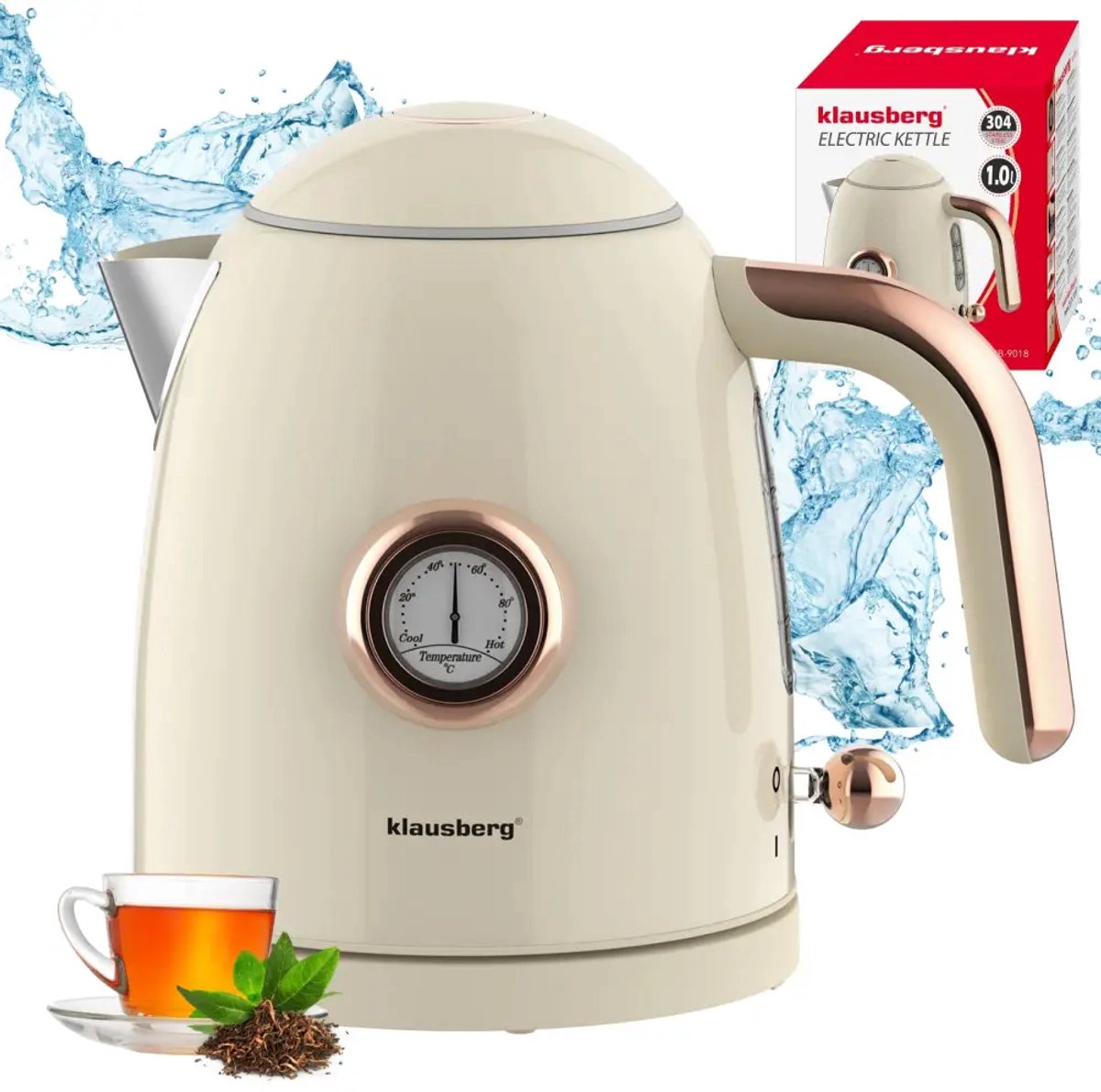 Klausberg - Waterkoker - Retro Waterkoker - Kleine Elektrische Waterkoker - Thee Waterkoker met Thermometer - Compacte Waterkoker Design - Keukenapparaat - 1L - 1200W - RVS - Crème — afbeelding 2