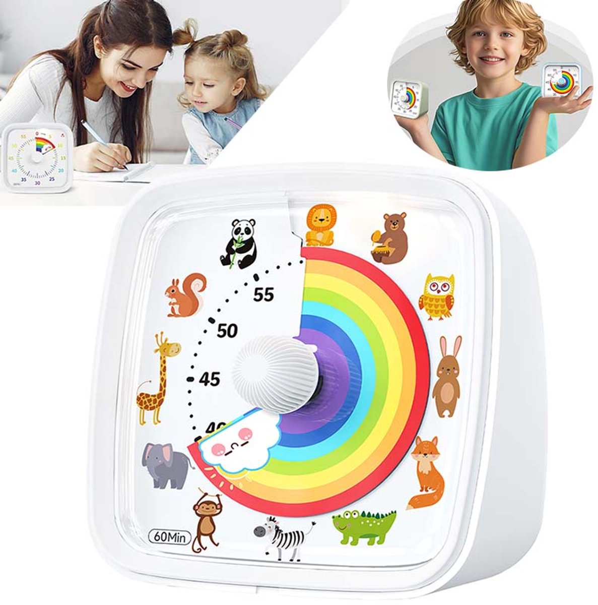 60 Minuten Afteltimer – Visuele Timer Voor Kinderen – Met Pauzefunctie – Voor Bureau, Klaslokaal, Kantoor & Keuken – Wit (dieren)