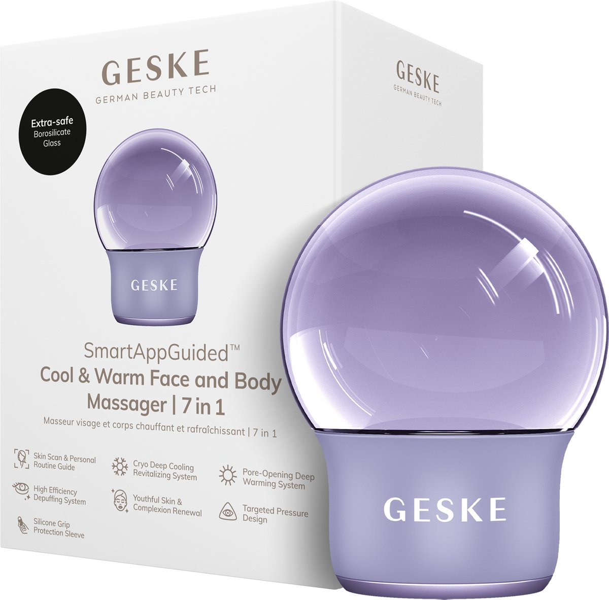 GESKE SmartAppGuided™ Cool & Warm Face & Body Massager | 7 in 1 | Multifunctioneel massageapparaat | Gezicht & Lichaam | Batterijloos koelen en warmen | Verstevigt en ontspant | Bolvormig