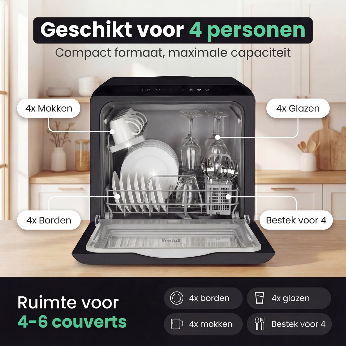 Ventux® Mini Vaatwasser Incl. App – Afwasmachine – 5 Programma’s – 900 Watt – 42,5 x 42,8 x 45,8 cm - Zwart — afbeelding 4