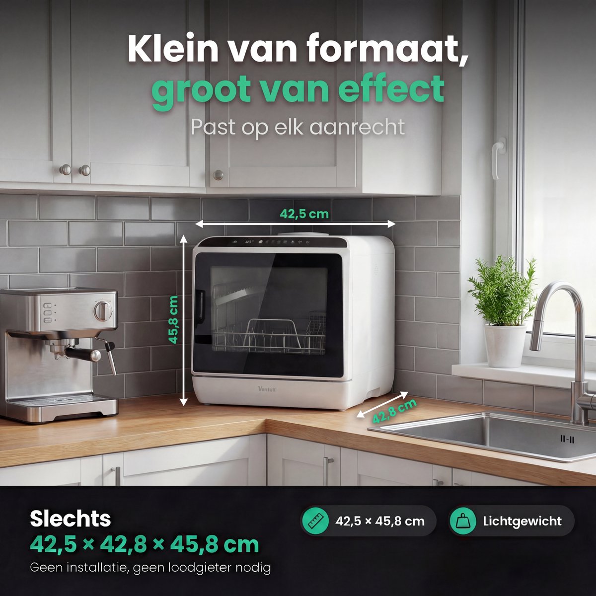Ventux® Mini Vaatwasser Incl. App – Afwasmachine – 5 Programma’s – 900 Watt – 42,5 x 42,8 x 45,8 cm - Wit – foto 6