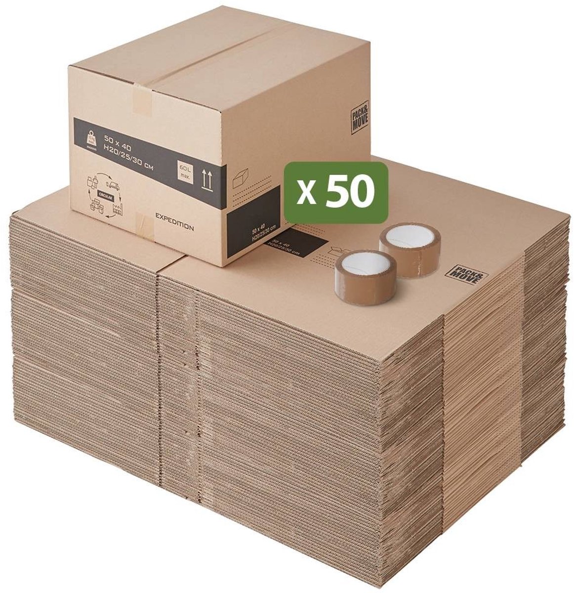 Pack and Move - Set 50 Verhuisdozen Moduleerbare Hoogte - 50 x 40 x 20-30 cm - Versterkte Handgrepen - 2 Tapes Gratis