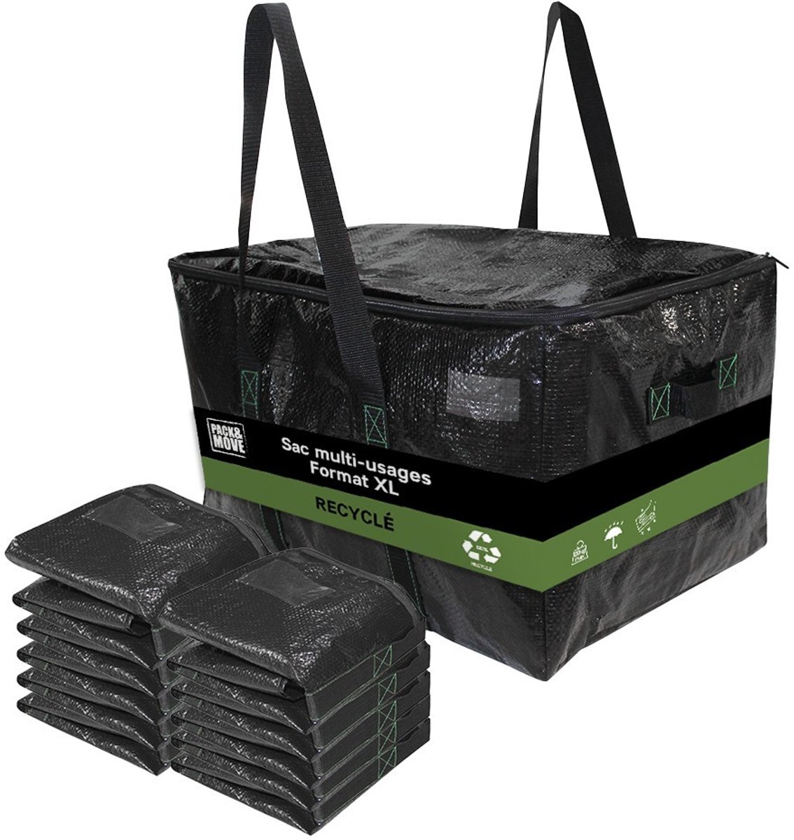 Pack and Move - Set 10 Gerecyclede Opbergtassen - 55 x 35 x 30 cm - Stevige handgrepen - Verhuizing en Transport - Ultra Sterk - Herbruikbaar - 55L