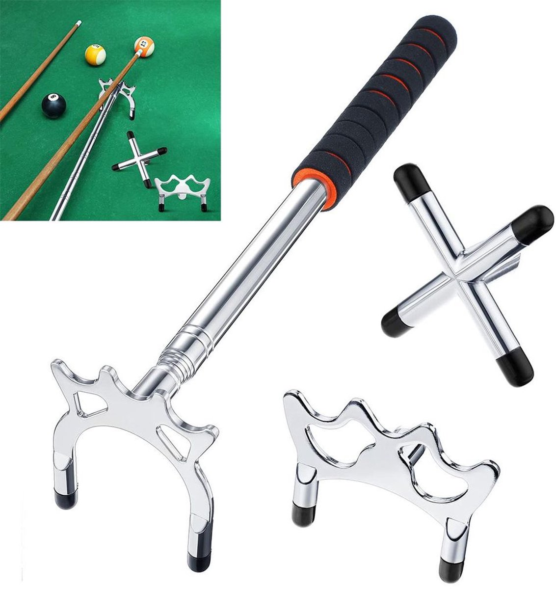 Zilverkleurige biljartkeu met telescopische steun en drie afneembare vorken (hoog, laag en kruis), biljarttafelaccessoires.