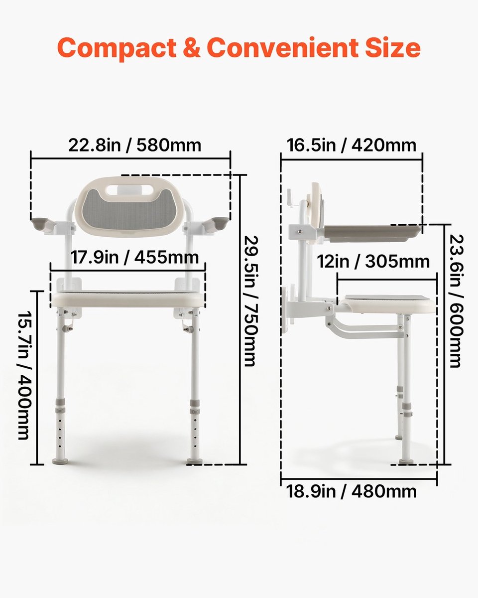 Opklapbare douchestoel - Wandmontage - Met rugleuning en armleuningen - Verstelbare poten - Draagvermogen 150 kg - Afmeting 58 x 48 x 75 cm - Voor volwassenen en senioren