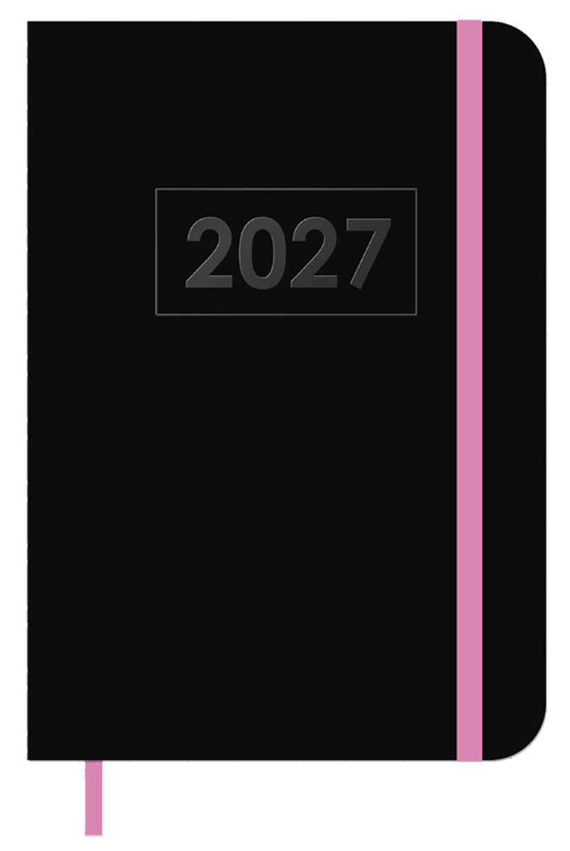 MGPcards - A6 Agenda 2027 - Sluiting Elastiek - Weekoverzicht 1w/2p - Zwart + Roze elastiek - Ruime vakken - 10,5 x 14,8 cm