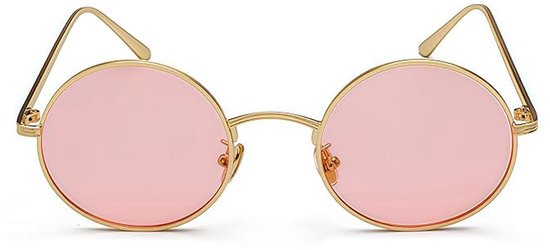 Kleine ronde zonnebril, hippie-stijl, metallic, unisex (goudkleurig montuur, roze glazen) — afbeelding 2
