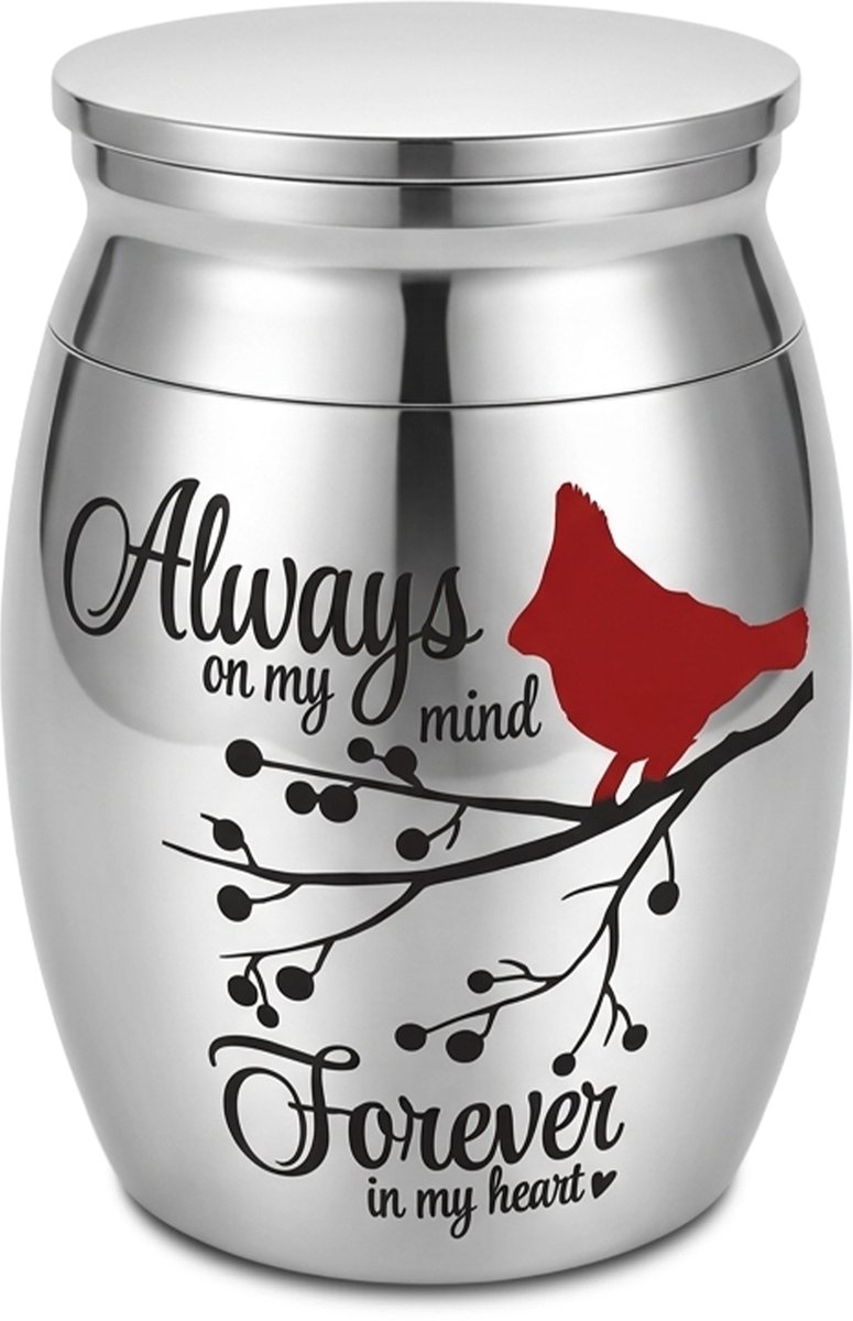 Akerz Mini Urn Kardinaalvogel Zilver – Always on My Mind, Forever in My Heart – Herinneringsurn voor As – Aluminium – Inclusief Beschermzakje – Schroefdeksel – 4 cm