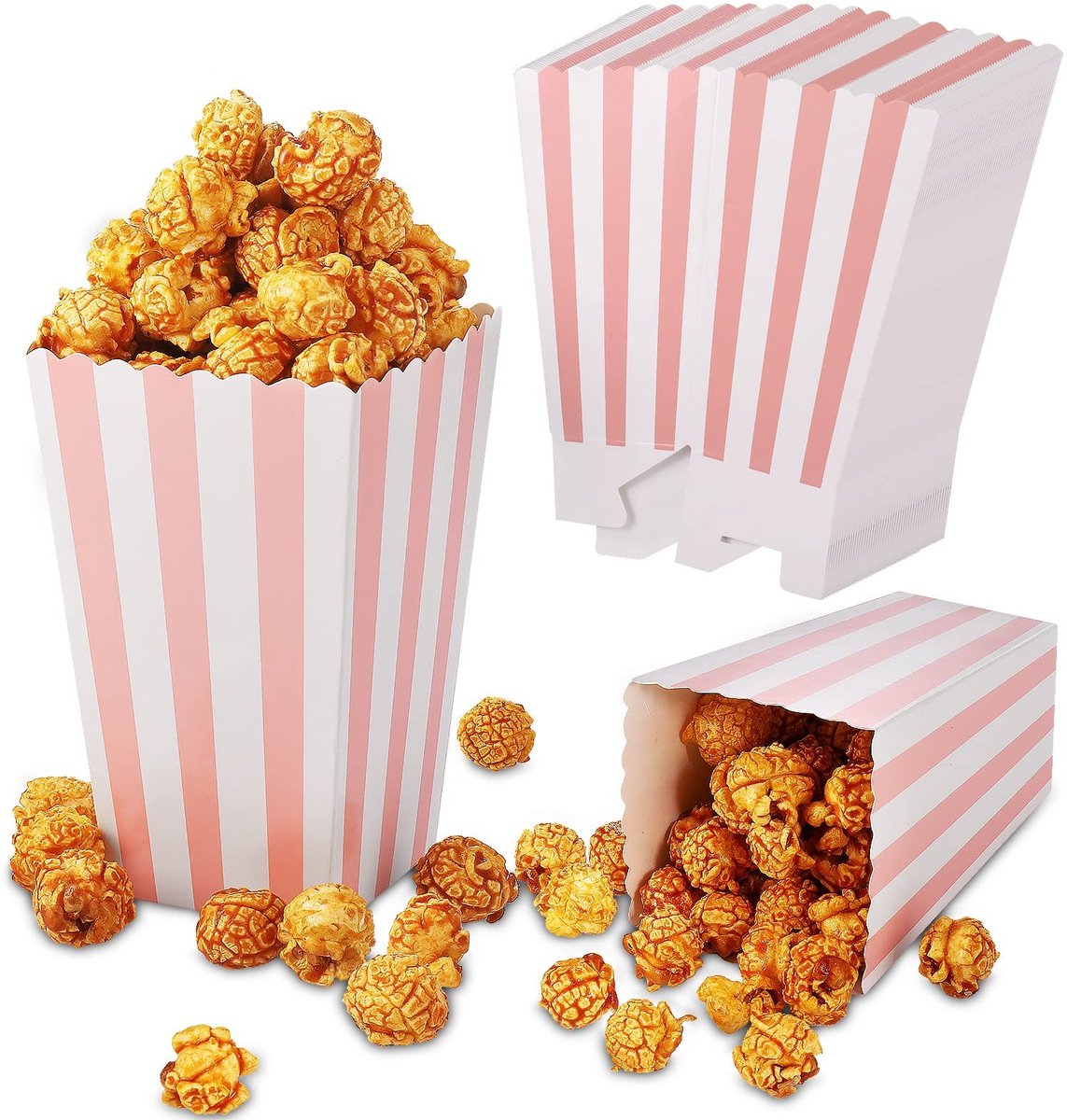 MTTproducts- Popcorndozen 50 Stuks - Gestreepte Papieren Snoepcontainers - Retro Popcornzakken - Feesttraktaties - 9,3 x 15,5 cm - Geschikt voor Verjaardagsfeestjes - Snoepdozen