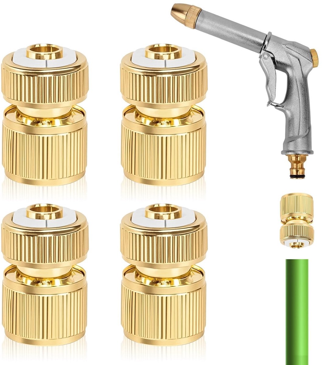 MTTproducts- Slangconnector 1/2 Inch - Messing Slangkoppeling - Tuinslang Connector - Snelkoppeling Set - 4 Stuks - Eenvoudig te Installeren - Tuinslangconnector