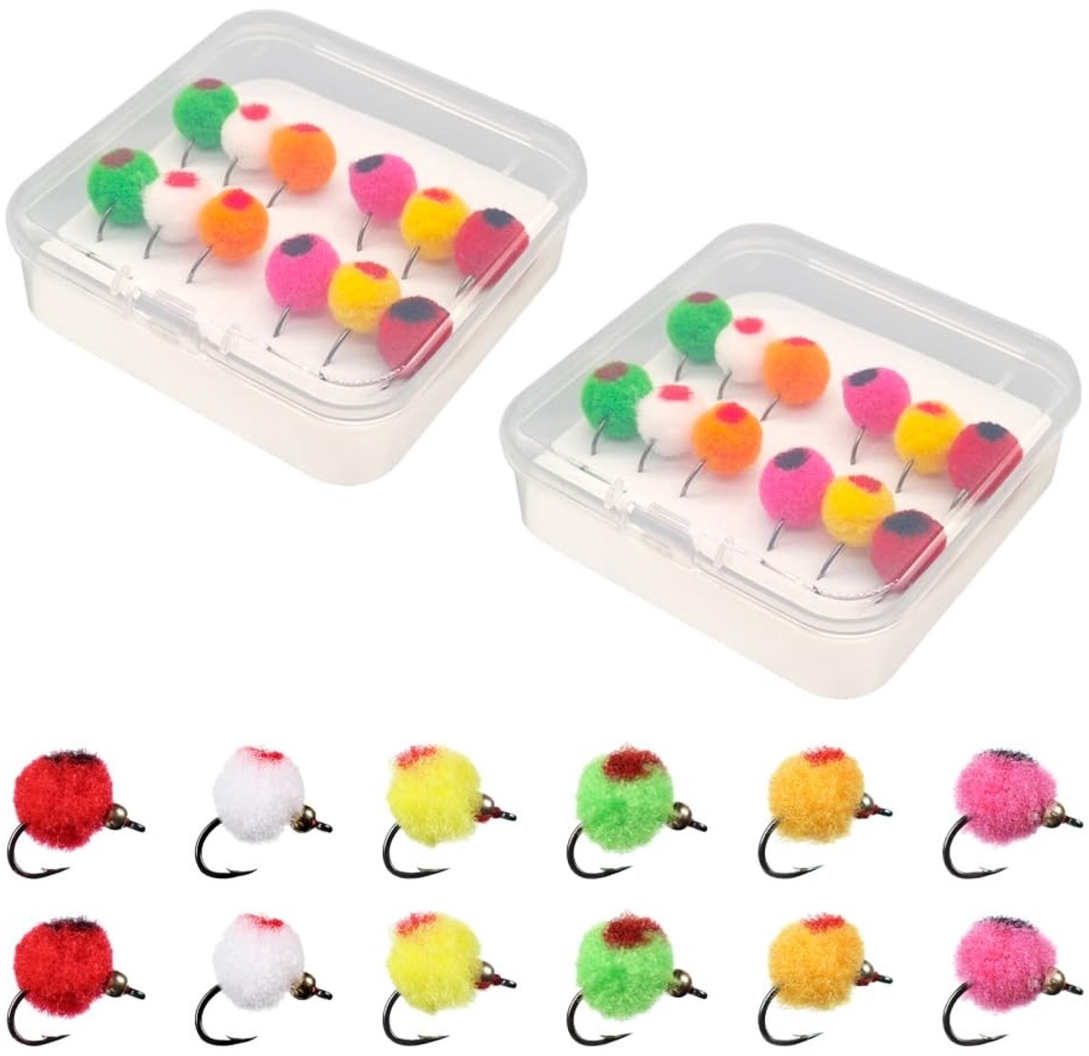 NTH products- Vliegen Kit 24 Stuks - Vlieg Lokken voor Forel/Baars/Zalm - Gesimuleerde Visei - Fluorescerende Kleur - Aantrekkelijk voor Roofvis - Vliegvismateriaal