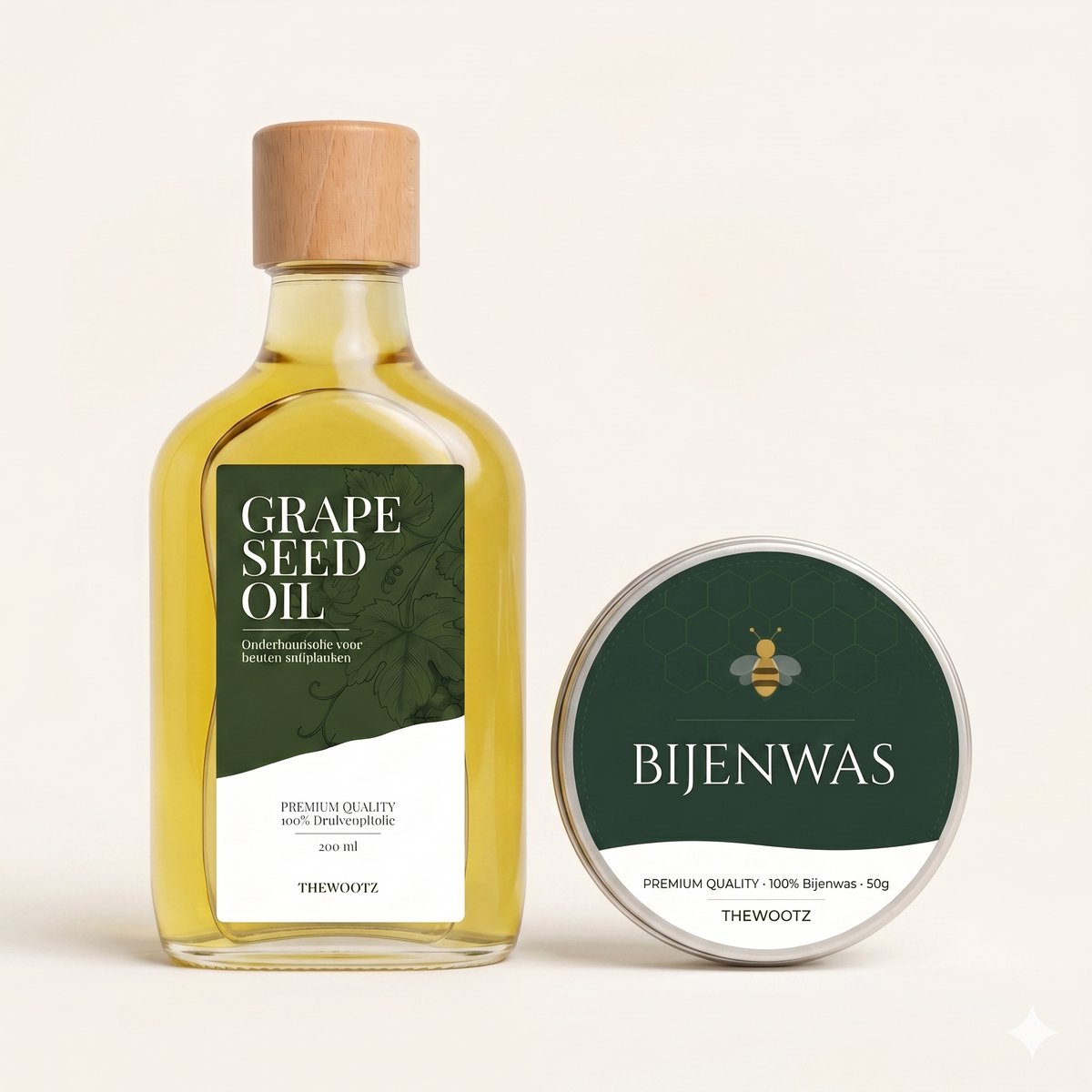 TheWootz Onderhoudsduo Snijplank 200ml – 100% Druivenpitolie + Bijenwas 50g – Compleet Onderhoud voor Houten & Bamboe Snijplanken