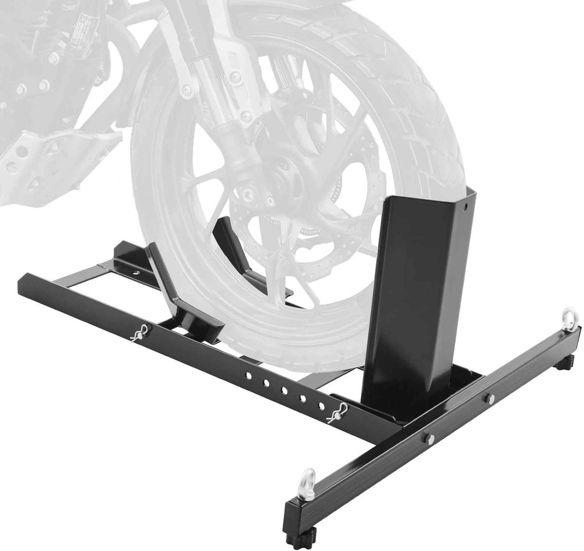 CORE Motorfiets voorwielhouder - Wielklem - Trailer wielblok - Voorwielstandaard - Wielkeg verstelbaar - Motorstandaard - Met 6 verstelbare gaten - Draaggewicht 816kg - 26x88x39cm - Zwart