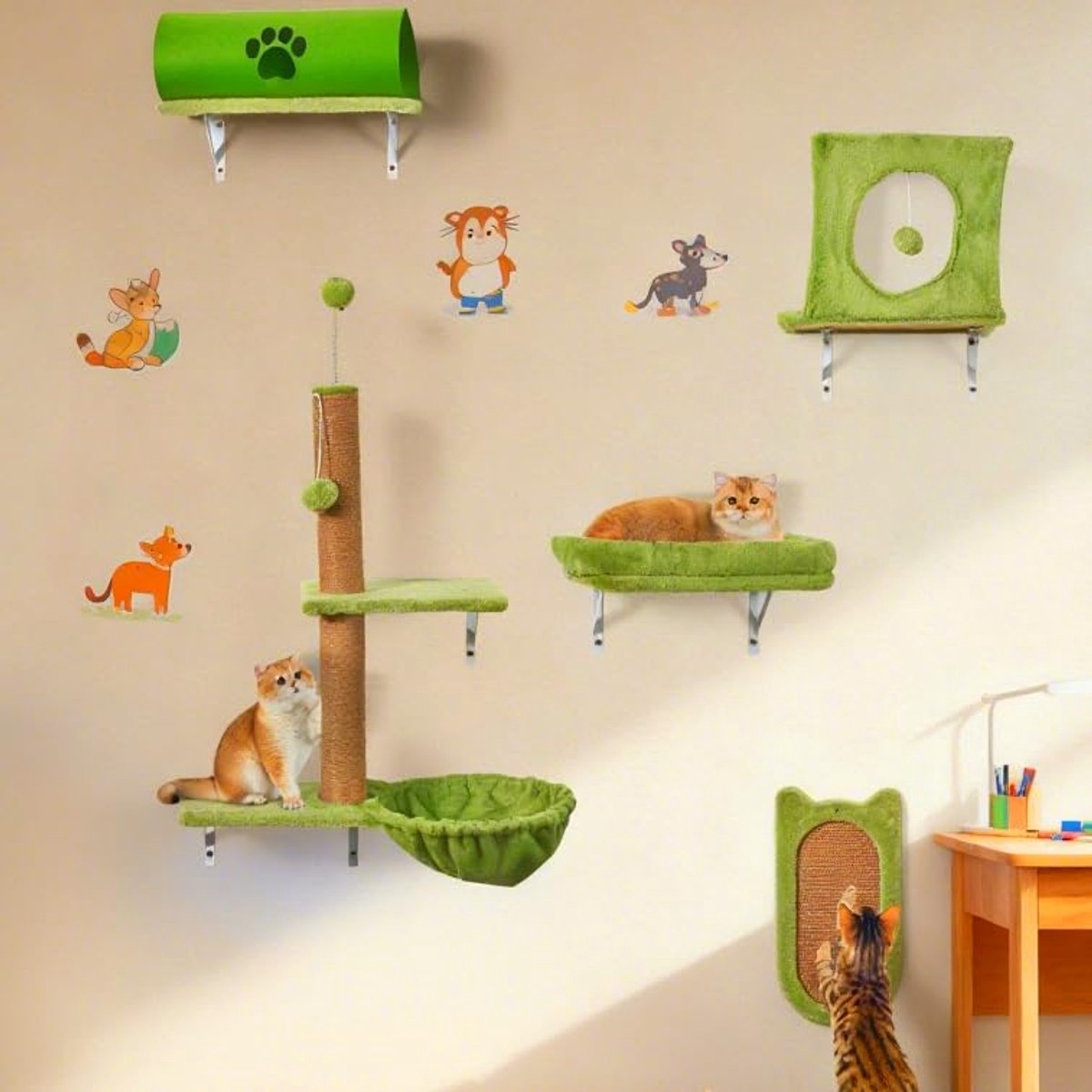 5-delige kattenklimwandset met krabpaal en kattenligstoel voor wandmontage