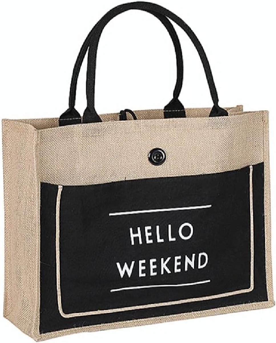 Jute Strandtas voor Dames met Hello Weekend Opdruk, 46 x 35 x 14 CM, Beige Zwart
