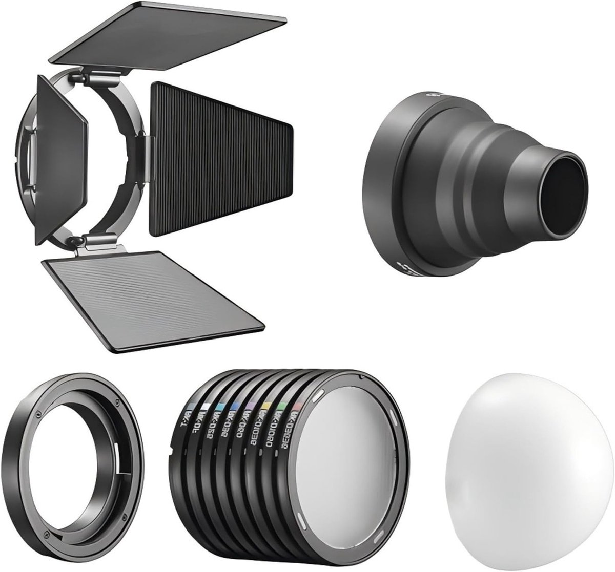 Magnetische Bevestigingsset voor LED Lampen en Flitsers met Ronde Kop, Inclusief Ventielset, Diffusers en Snoot voor Professionele Fotografie