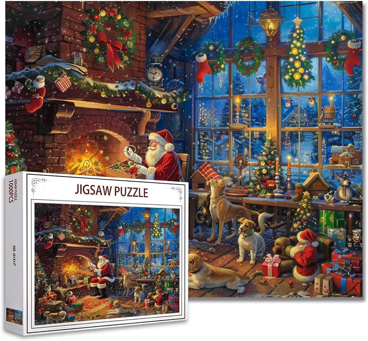 Vintage Kerstman Huis Puzzel - 1000 Stukjes voor Volwassenen met Kerstavondkrans