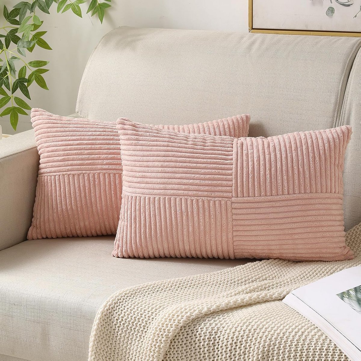 Set van 2 Corduroy Kussenslopen (30x50 cm) - Zacht Gestreepte Sierkussenshoes Blush Roze