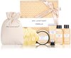 Een geschenkset van 'Spa Luxetique Vanilla' met een tas, badspons, bodylotion, handcrème, douchegel en bubbelbad.