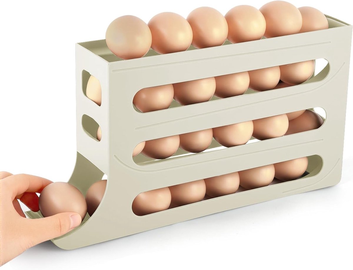 4-Tier Eierdop voor Koelkast, Automatische Eierd dispenser, Eieren Opslag Oplossing voor Keuken en Kasten, Wit