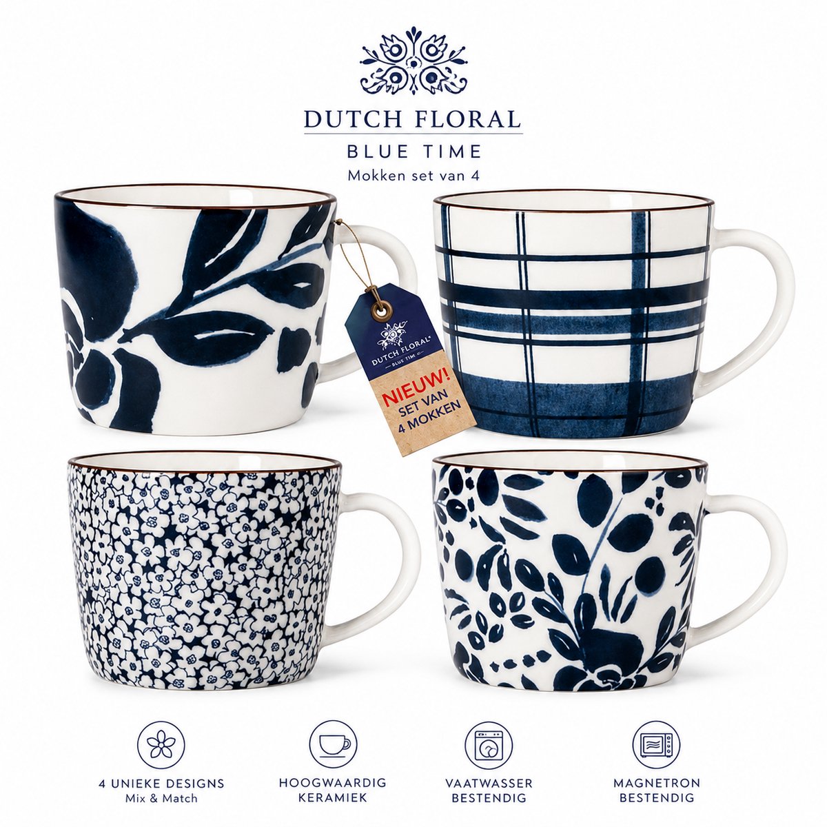 Dutch Floral - Mokken set van 4 - Blue Time - Bekers assorti