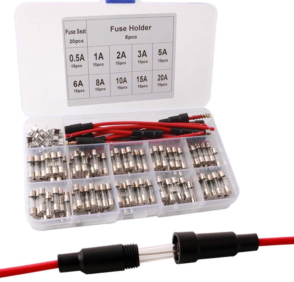 Cosensi - glaszekeringen set 150 stuks - glaszekering 5x20mm - fuse holder - fuse box - inclusief 20 fuse seats
