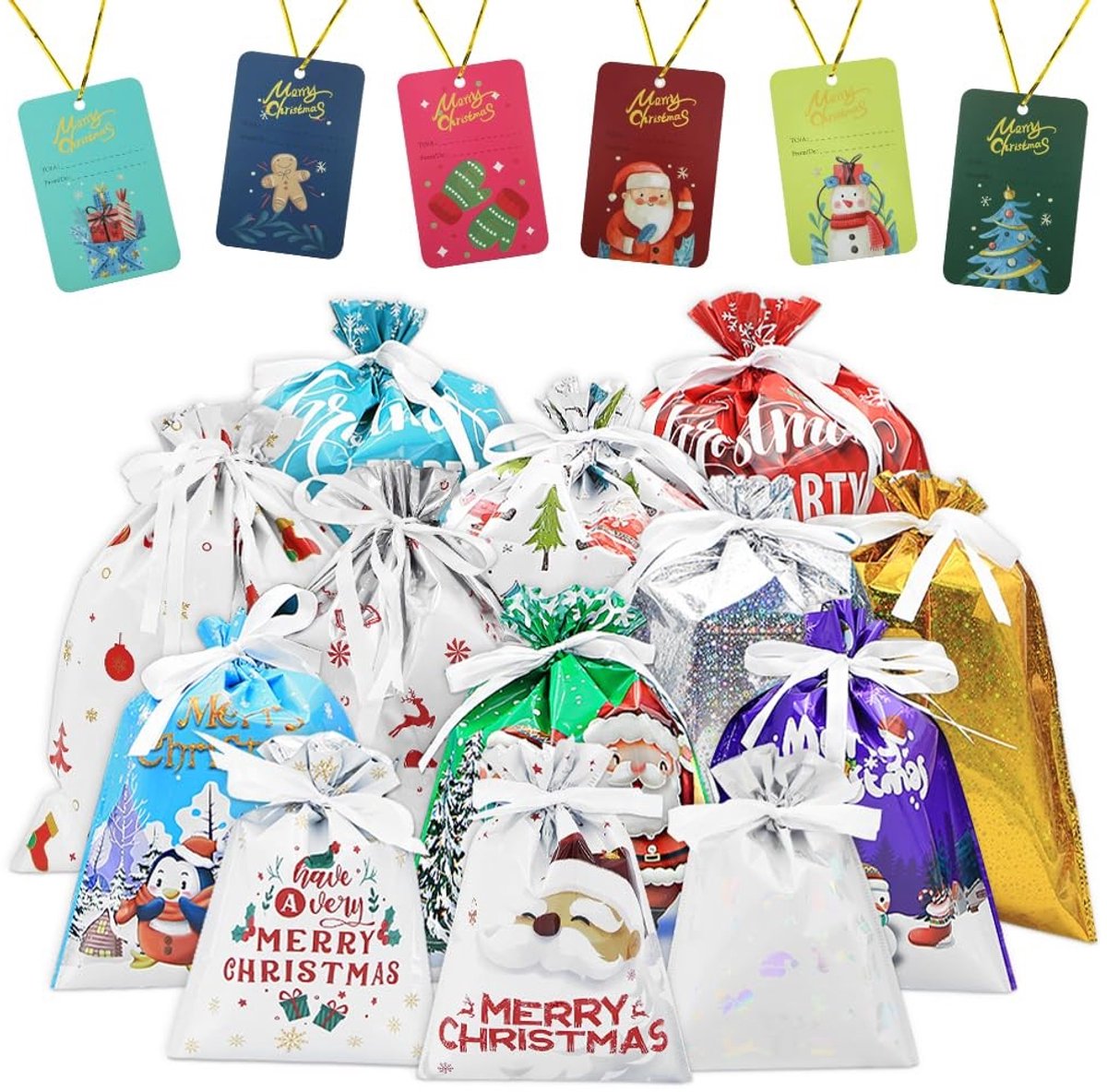 Cosensi- Geschenzak 30 stuks - Kerstgeschenkzakjes - Aluminiumfolie - 5 Maten - Felle Kleuren - Ruime Capaciteit - Cadeautas