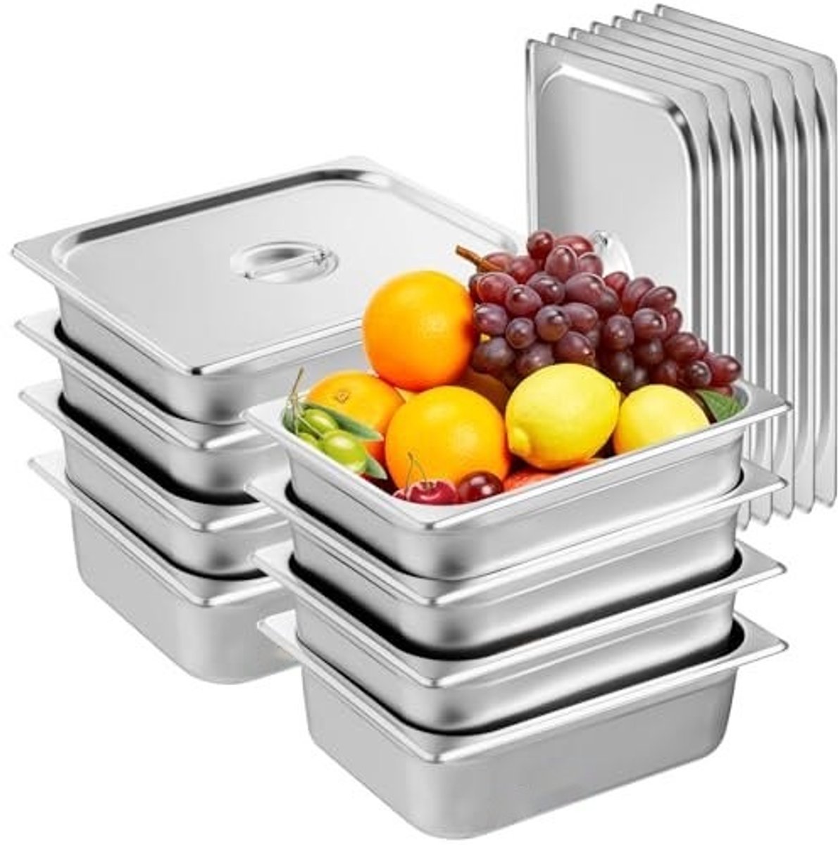 Hotelpannen set - GN 1/2 Stoompannen - 8-delig - 10 cm Diep - Met Deksel - 0,8 mm Dik - Voor Horeca en Catering - Roestvrij Staal