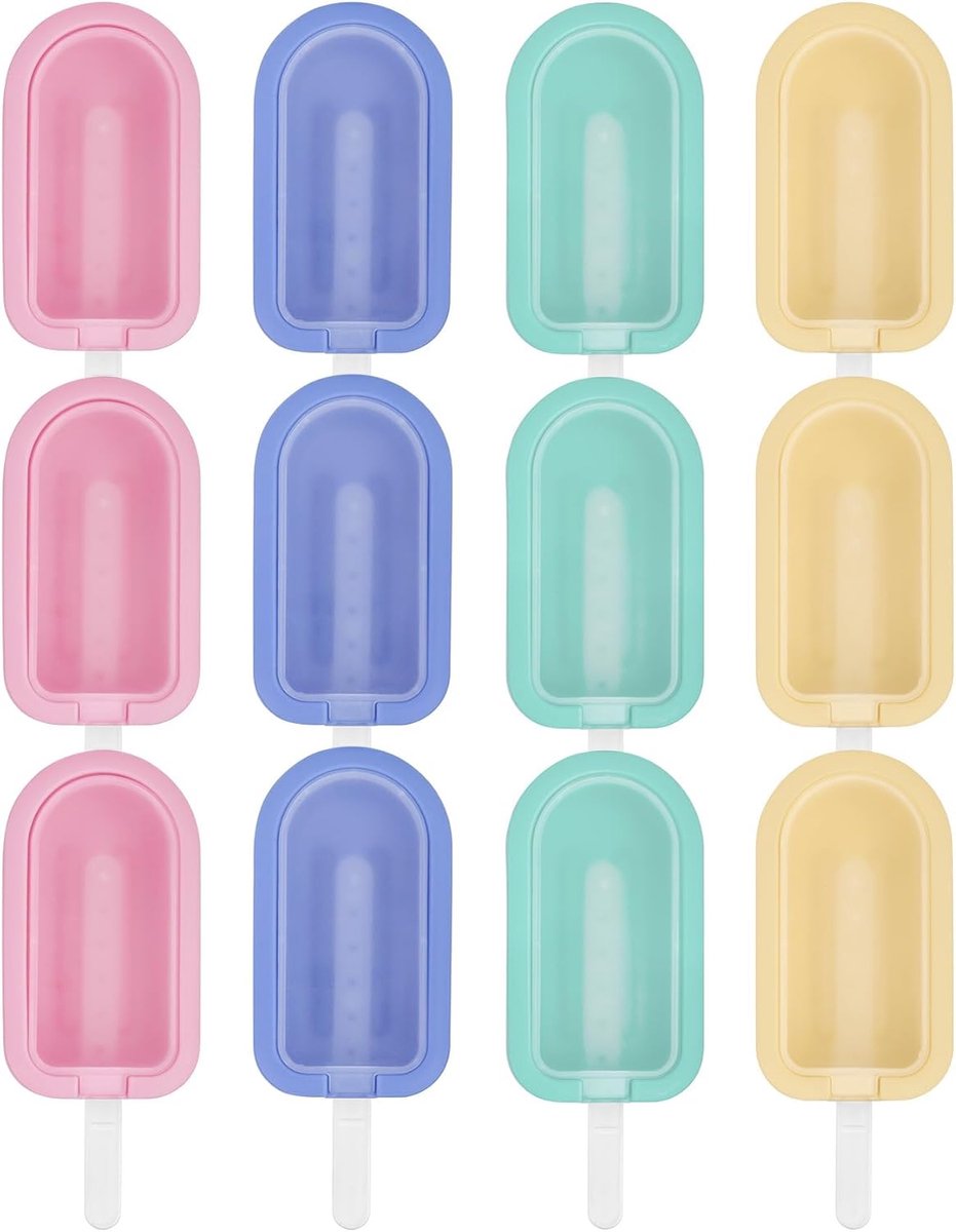 Siliconen Ijsvormen Set - BPA Vrije Ijslolly Vormen - 12 Stuks - Herbruikbaar met Deksel en Stokjes - Voor Thuisgemaakt Frisdrank Ijs en Desserts - Roze Groen Blauw Geel