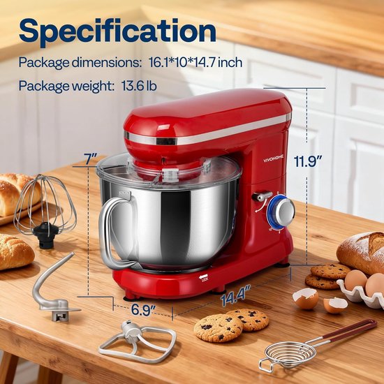 Keukenmachine 5,7L - 1500W Staande Mixer - 10 Snelheden - Met Spatdeksel - Rood — afbeelding 4