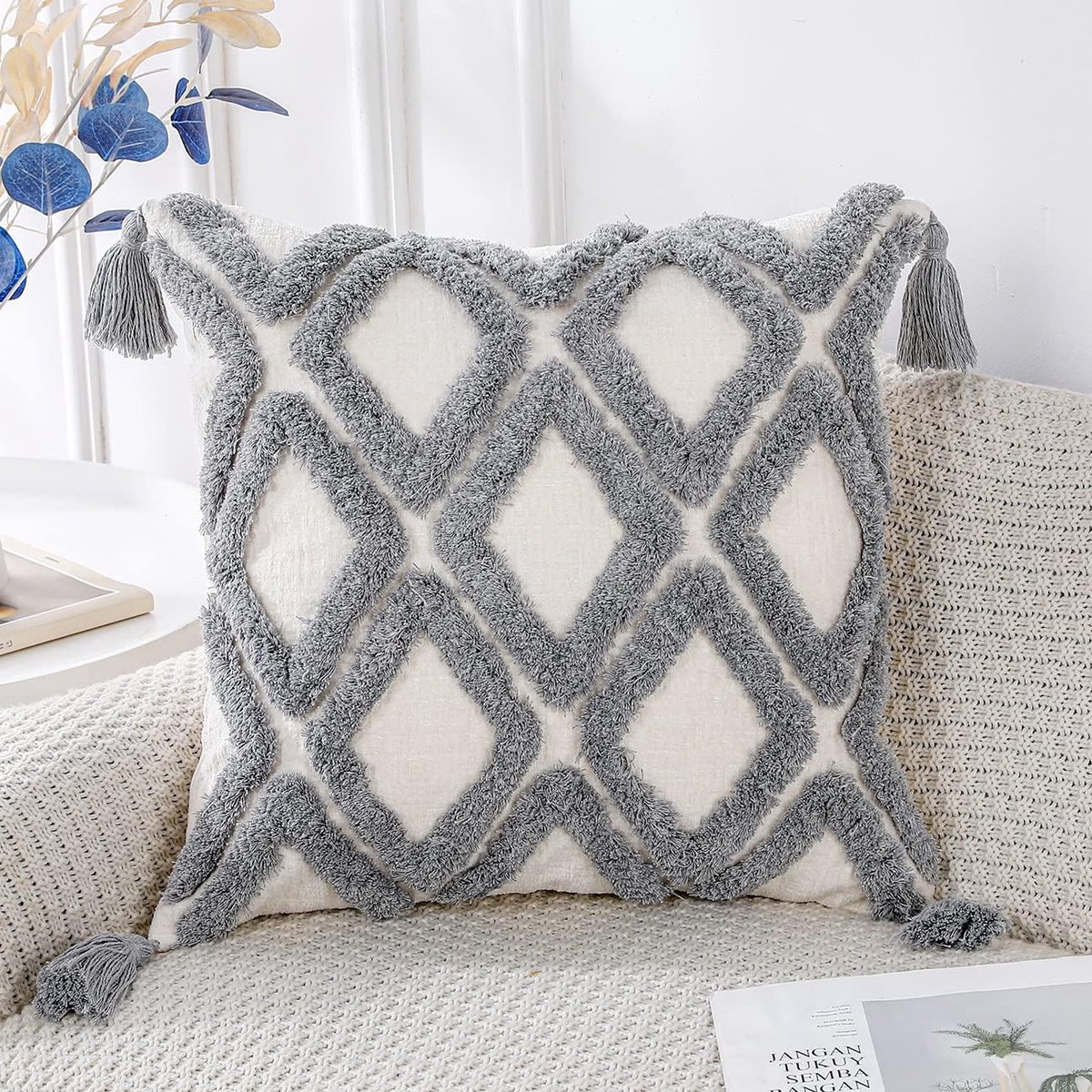 Set van 2 Zachte Sierkussenslopen 40x40 cm Grijs Boho Diamantpatroon met Kwastjes