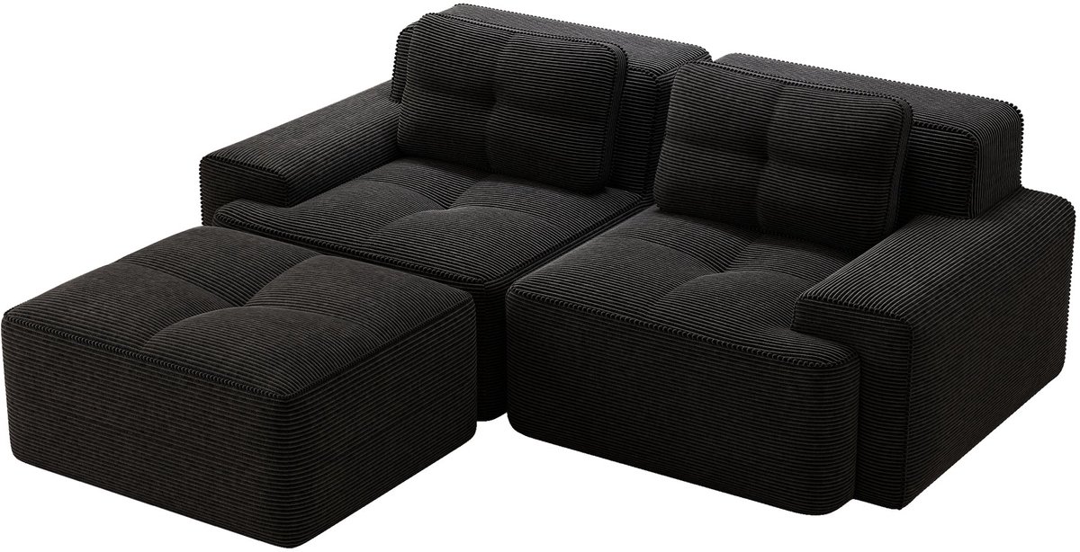Merax L-Vormige Cloudbank 2-Zits - Zwarte Ribstof Loungebank 204 cm - Modulaire Bank met Hocker - Diepe Zitting - Antislip Onderzijde - Geen Montage Nodig