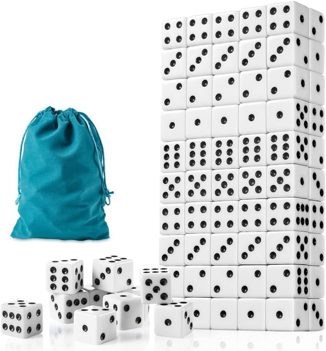 100 stuks witte dobbelstenen set, 16 mm standaard spel dobbelstenen, ondoorzichtige zeszijdige dobbelstenen met zakje, zwarte stip bulk witte dobbelstenen voor groepsevenement, bordspellen, klaslokaal