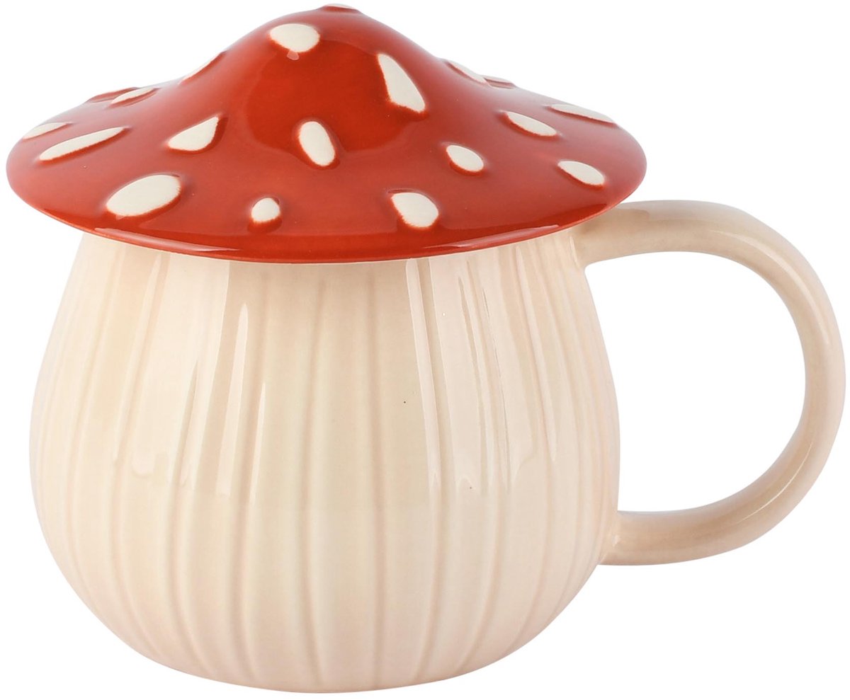 Dekoratief | Mok m/deksel paddenstoel, wit/rood, keramiek, 15x12x12cm | A265100