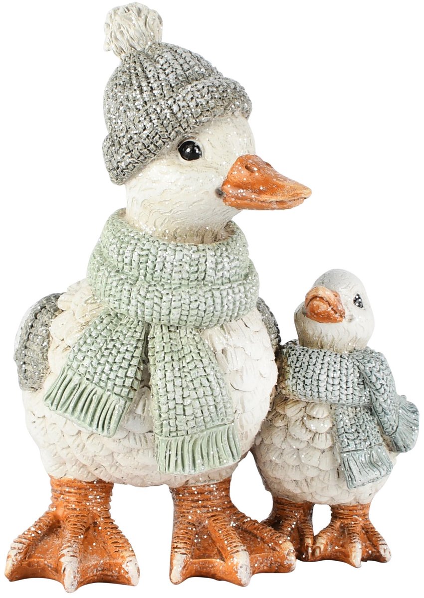 Dekoratief | Duo wintereendjes, groen/wit, resina, 13x13x17cm | A265287