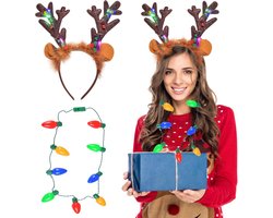 Forhome Kerstgewei-hoofdtooi, knipperende kersthaarband, met led-gloeilampen, halsketting, geschikt voor kerstfeesten, kostuumdecoratie, feestgeschenken