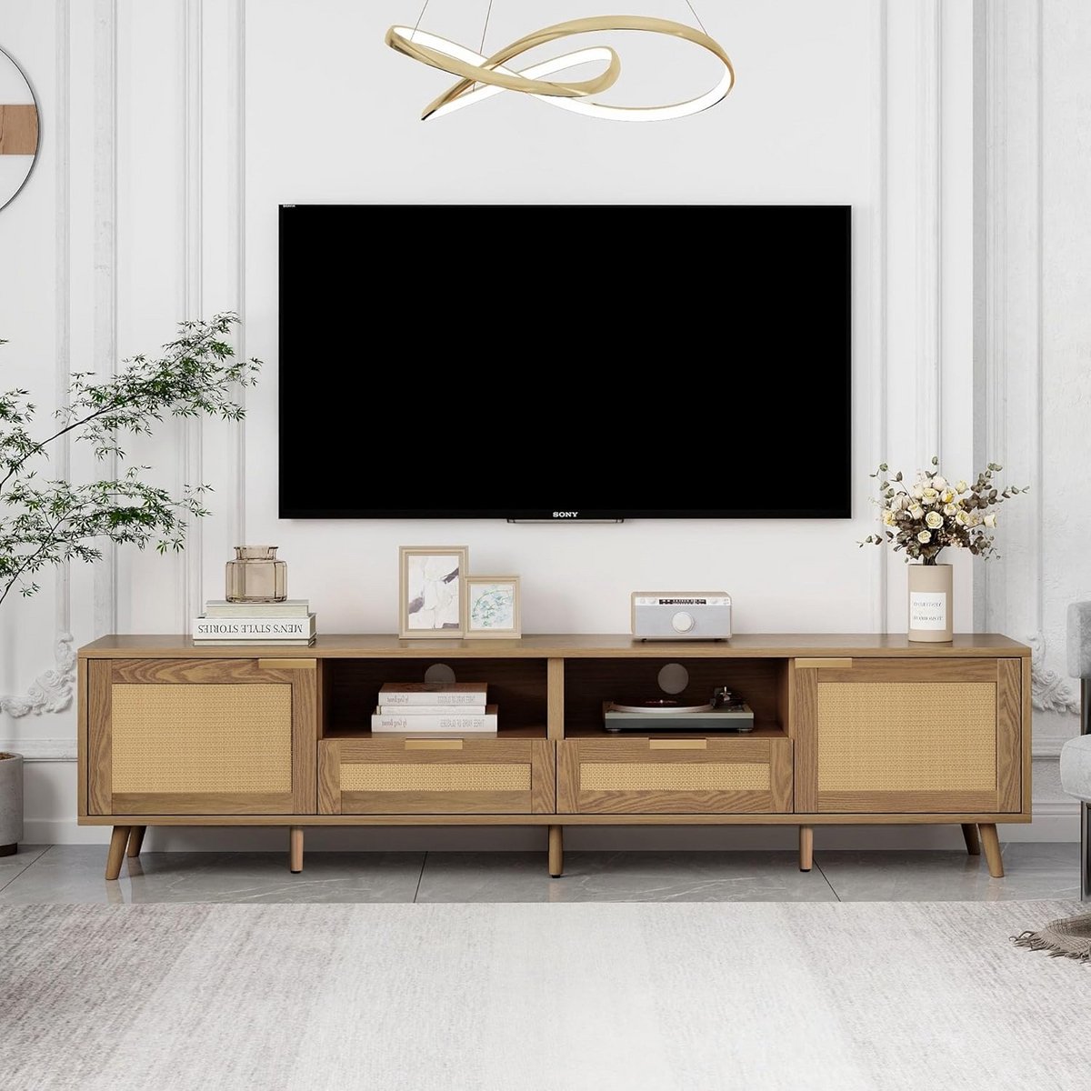 Groot TV-meubel met Echt Rotan en Massief Houten Poten voor Televisies tot 85 inch