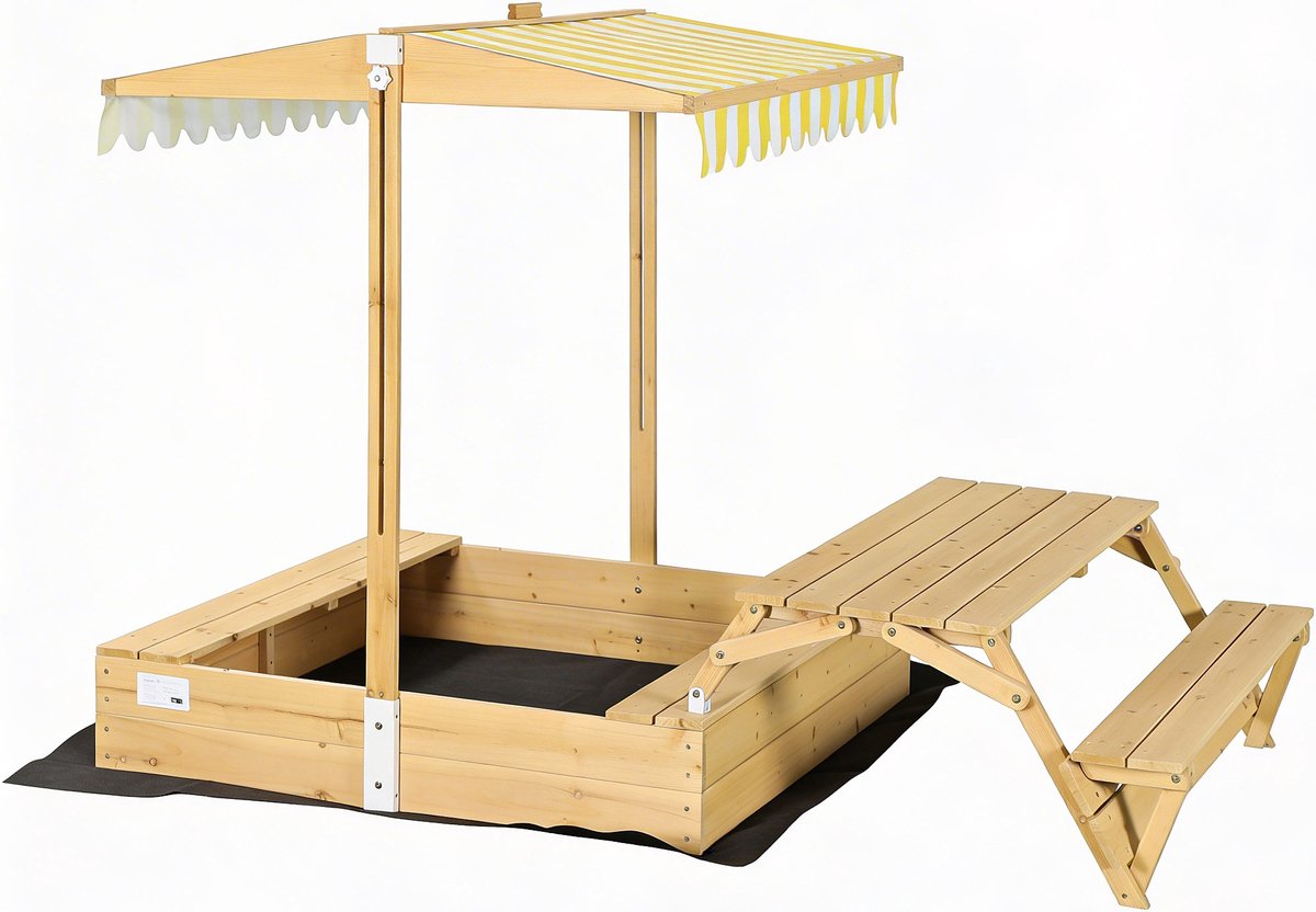 needs&wants® Houten zandbak met picknicktafel en dak, bankjes en afdekking, kinderzandbak met scharnierend deksel, UV-zonbescherming, vierkante zandbak voor tuin en buitenspeelplaats, 185x110 cm, geel wit bruin