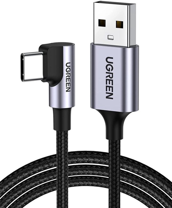 Haakse USB Type C kabel 2m 3A grijs, Ugreen USB-C opladerkabel, snel en duurzaam