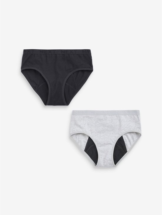 Twee katoenen menstruatieonderbroeken, één in zwart en één in lichtgrijs met zwart kruis.