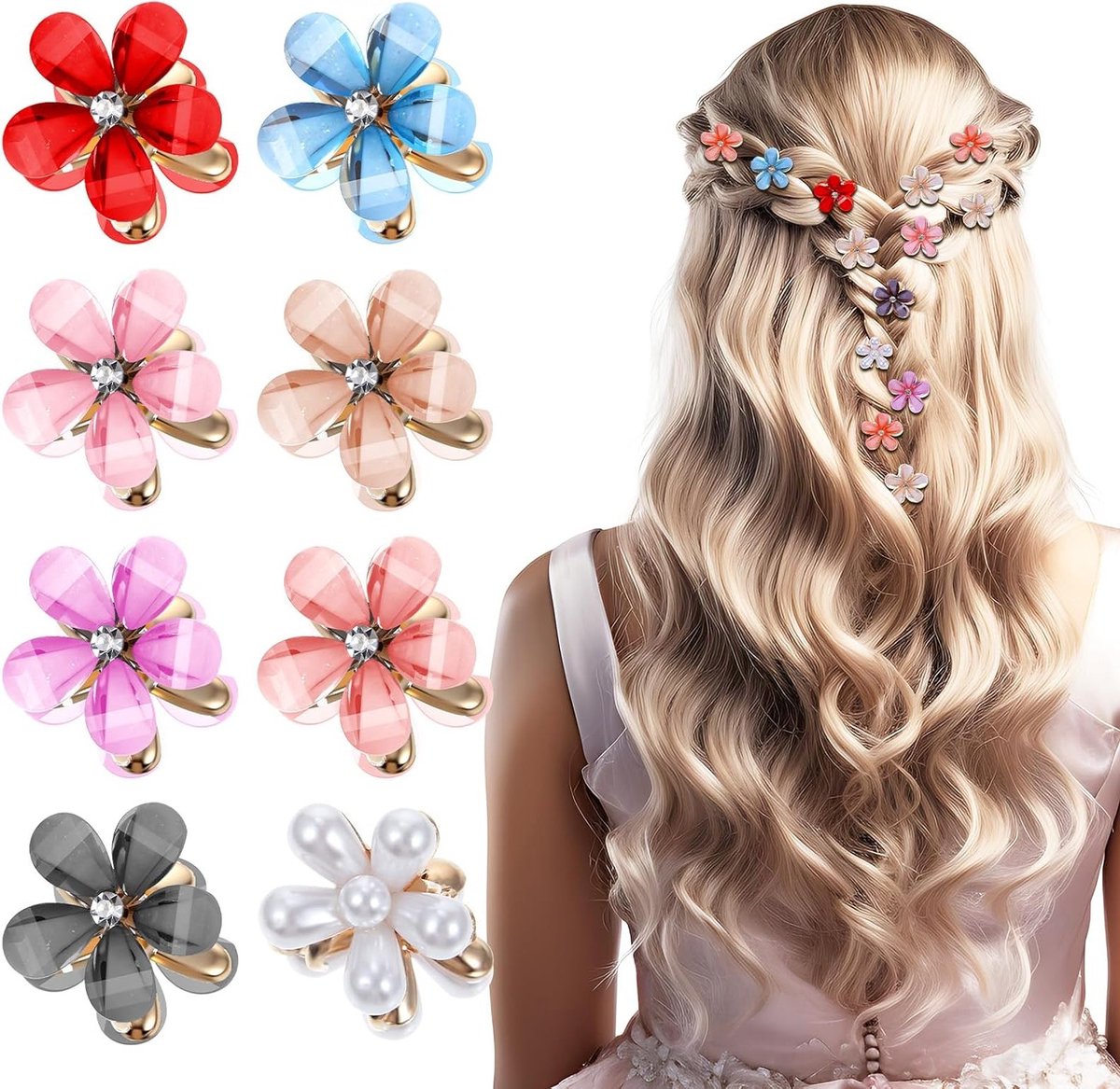 Kleurrijke Mini Haarspelden met Bloemen en Kralen - 16 Stuks Decoratieve Haaraccessoires voor Feestjes en Dagelijks Gebruik