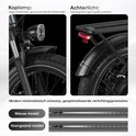 Grijze elektrische fiets met moderne koplamp en geïntegreerd achterlicht. Minimalistisch ontwerp.