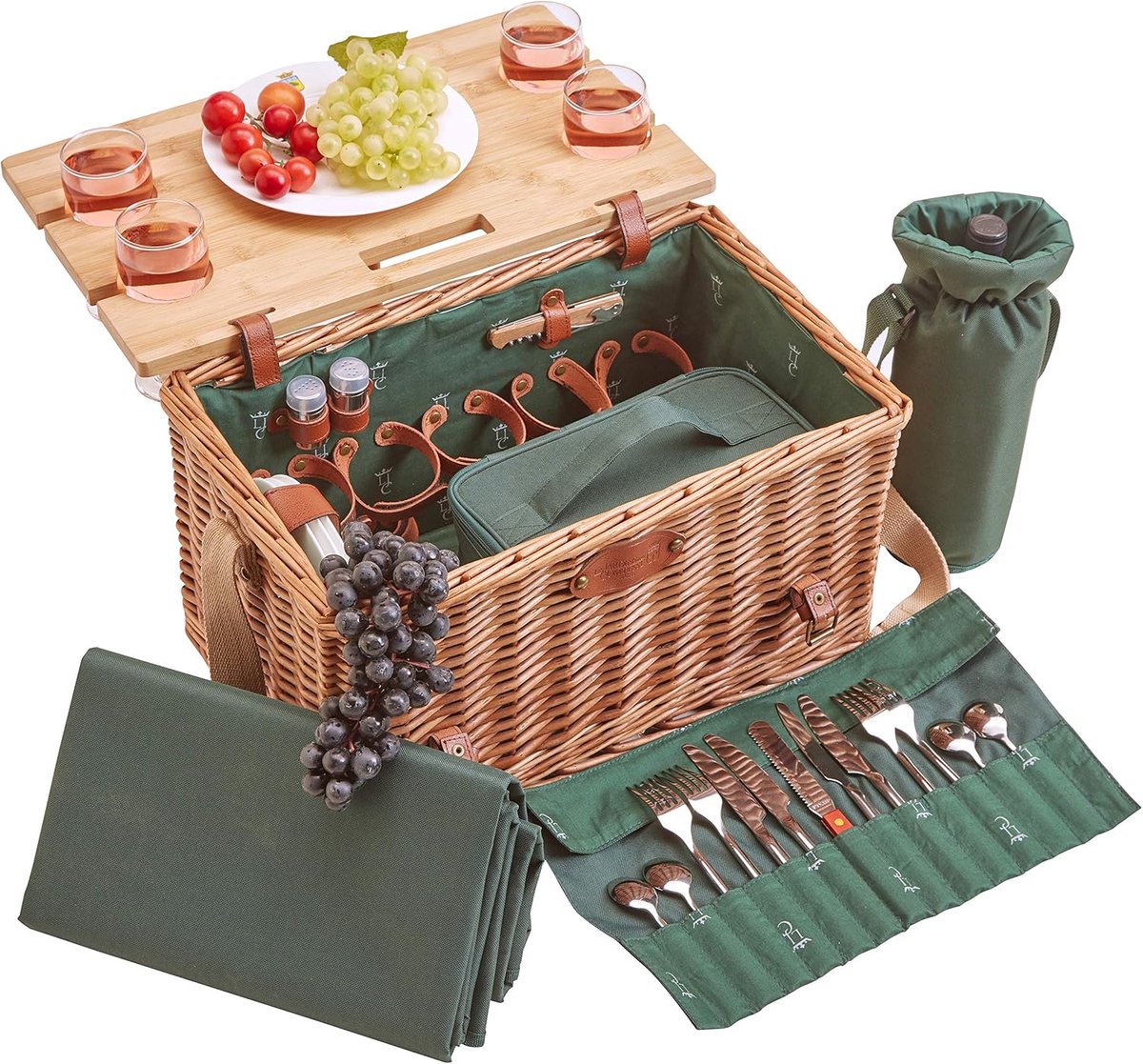Picknickmand voor 4 Personen - Picknick Mandje - Boodschappenmand - Fruitmand - Winkelmand - Rieten Mand - Osier - Bruin - 45 x 28 x 28 cm - van Imperatoris
