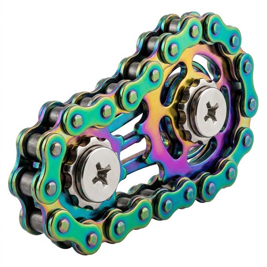Gedetailleerde opname van een regenboogkleurige fietsketting fidget spinner met metalen tandwielen en schroeven.