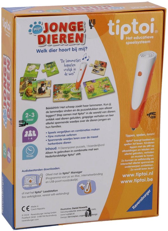 Tiptoi pen en speldoos met jonge dieren, met puzzelstukken, Nederlandse tekst.